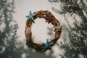 handmade wreath from branches and stars