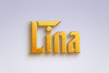 Gold text effect of Arabic name Lina on light-blue background. © Fayazravat143