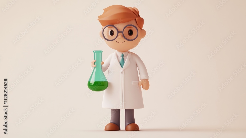 Poster a cheerful cartoon scientist holding a green flask, representing science and experimentation.