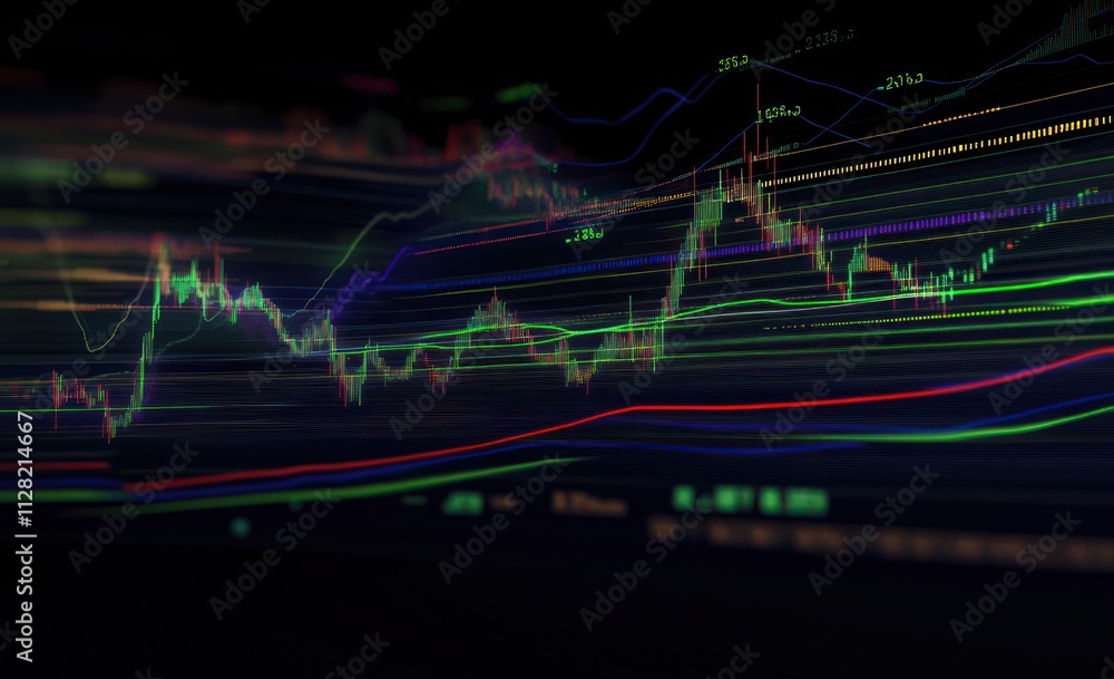 Poster Abstract representation of financial market trends with colorful lines and graphs.
