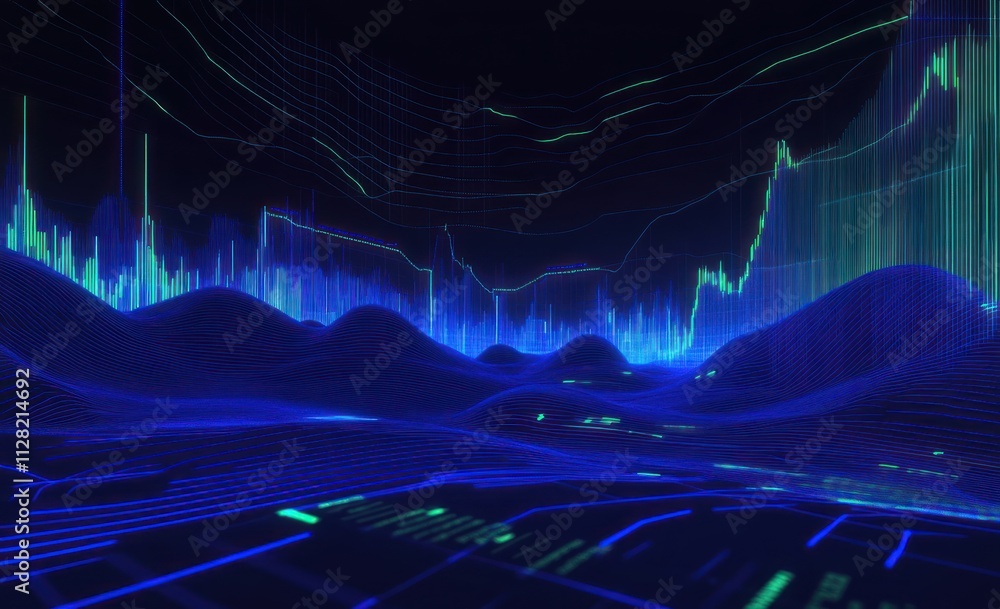 Fototapete a digital landscape depicting data visualization with vibrant lines and waves.
