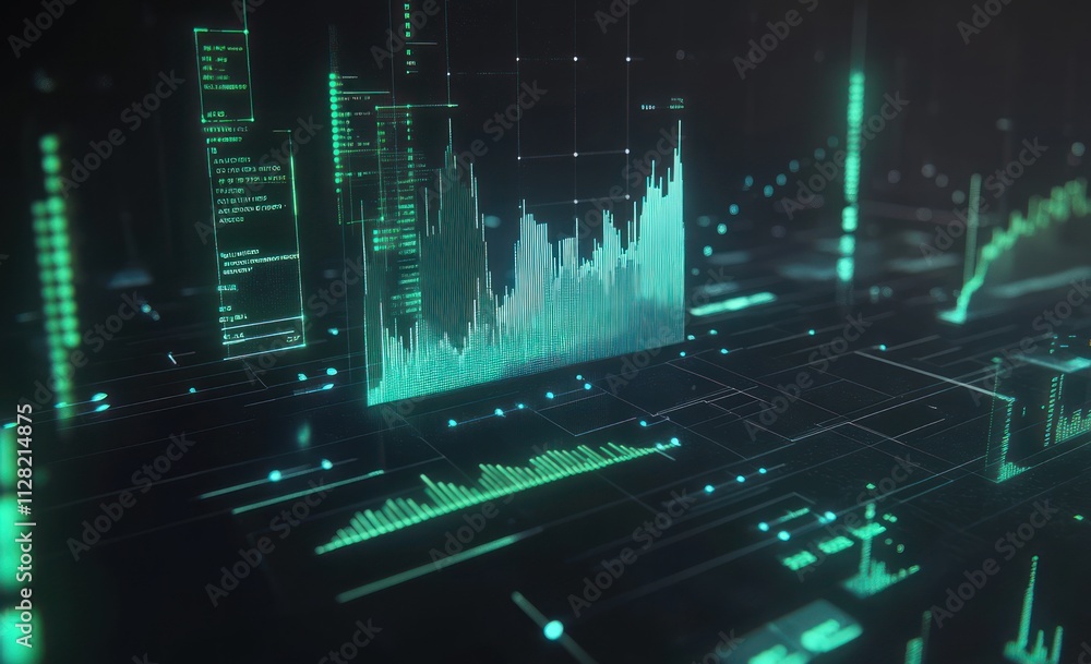 Poster Digital data visualization with graphs and charts representing analytics and trends.