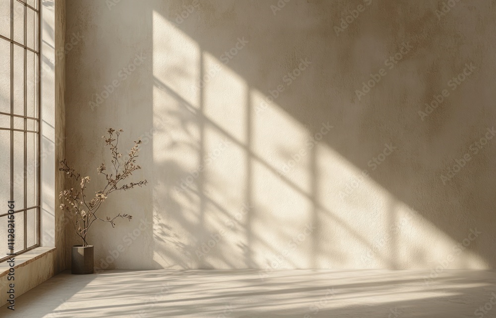 Aufkleber A serene interior with soft shadows and a simple plant, creating a calm atmosphere.