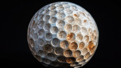 A close-up view of a weathered golf ball, highlighting its texture and imperfections.