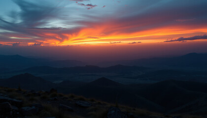 Obraz premium Fiery Sunset Over Rolling Mountain Ranges