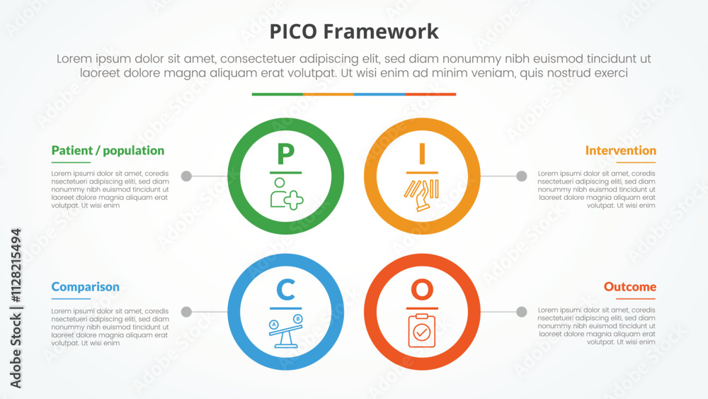 Poster pico framework infographic concept for slide presentation with big circle outline square structure w