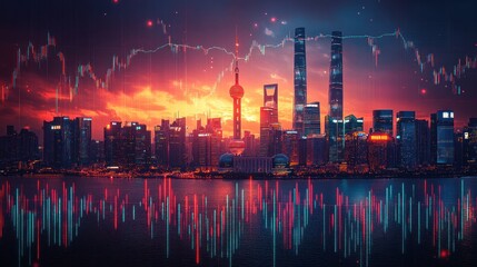 Shanghai skyline at sunset with superimposed stock market chart indicating financial growth and global trade.