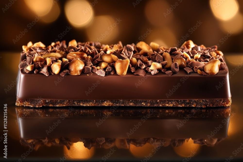Poster a chocolate bar topped with crushed nuts, presented on a reflective surface with a warm background.