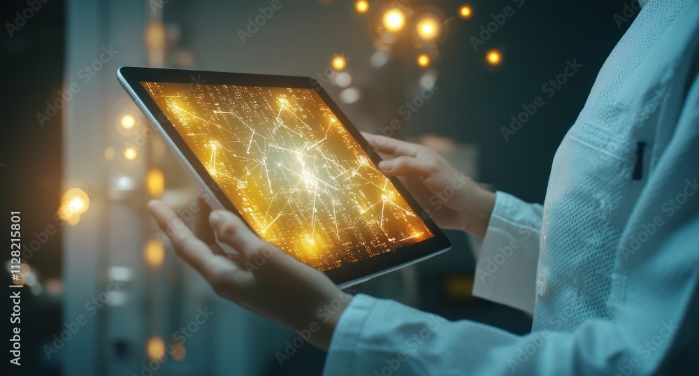 Poster A person holds a tablet displaying a glowing, interconnected network design.