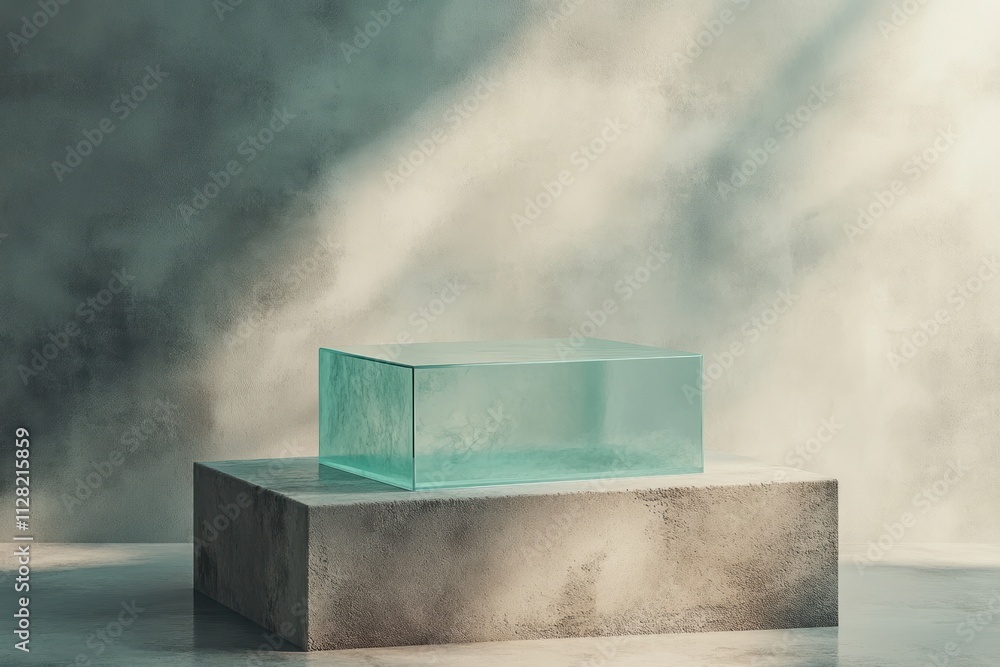 Aufkleber A minimalist scene featuring a transparent block on a textured surface with soft lighting.