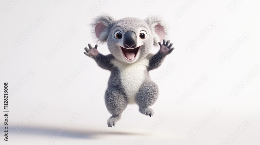 Poster a cheerful, animated koala character jumping with joy.