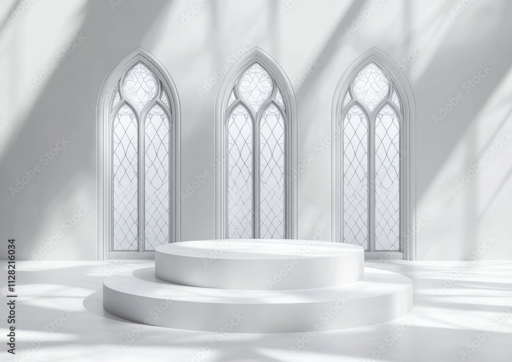 Leinwandbilder a minimalist white space with three arched windows and a circular platform.