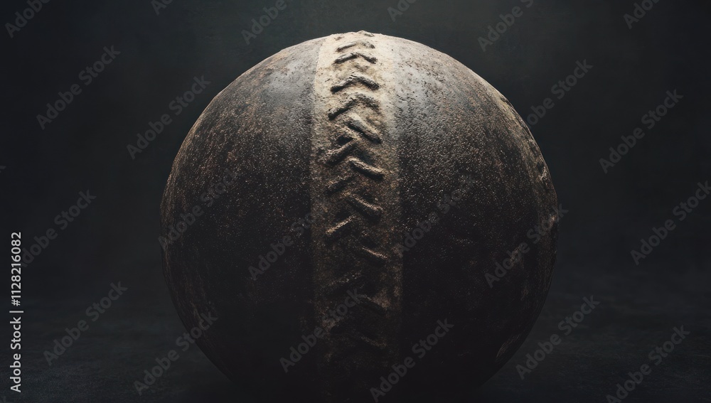 Poster a weathered baseball resting on a dark surface, highlighting its texture and age.