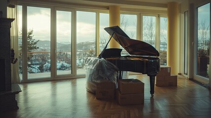 Black Piano Wrapped in Plastic in an Empty Living Room with Large Windows AI generated illustration