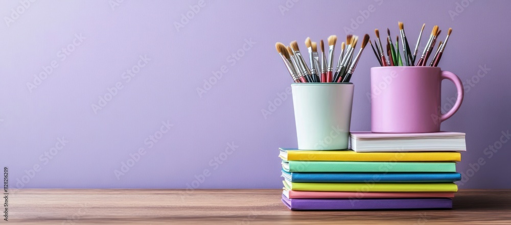 Poster Art supplies arranged on a wooden table with colorful books and brushes in containers.