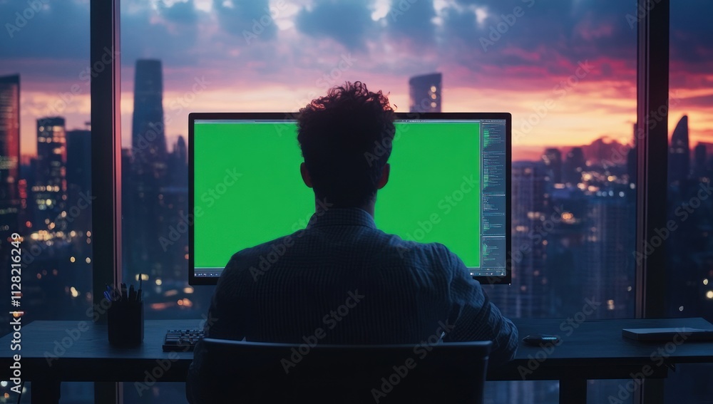 Aufkleber a person working on a computer with a green screen, overlooking a city skyline at sunset.