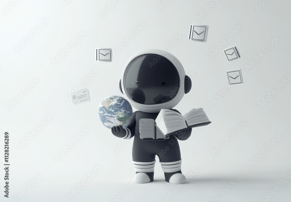 Poster a cartoonish astronaut holds a book and earth, surrounded by floating envelopes.