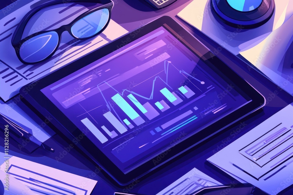 Aufkleber Digital tablet displaying data graphs amidst office supplies.