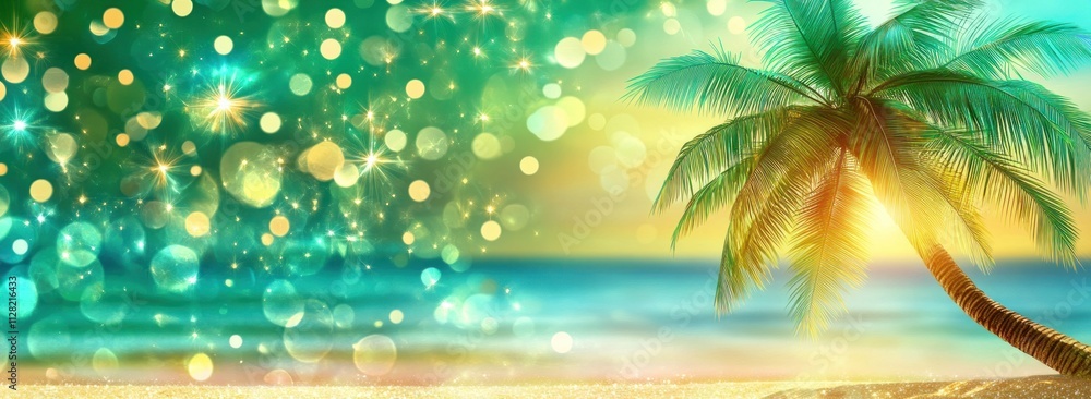 Poster a serene beach scene with a palm tree and sparkling bokeh effects.