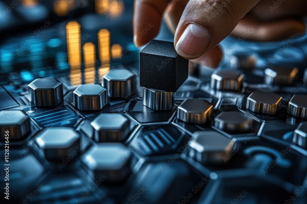 Poster a hand places a black hexagonal piece on a metallic, hexagon-patterned control panel.