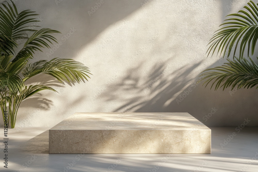 Poster minimalist space with a stone platform and lush green plants casting shadows.