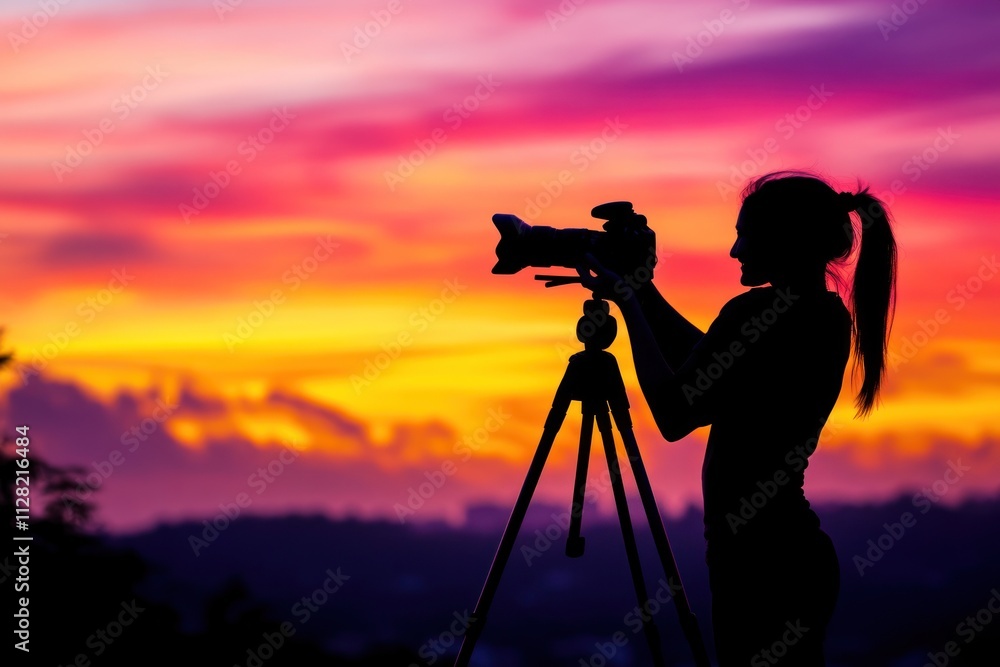 Poster a silhouette of a person photographing a vibrant sunset with a camera on a tripod.