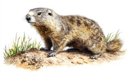 Naklejka premium Detailed Illustration of a Groundhog Seated on a Soil Mound Surrounded by Grass, Capturing the Essence of This Fascinating Rodent Species