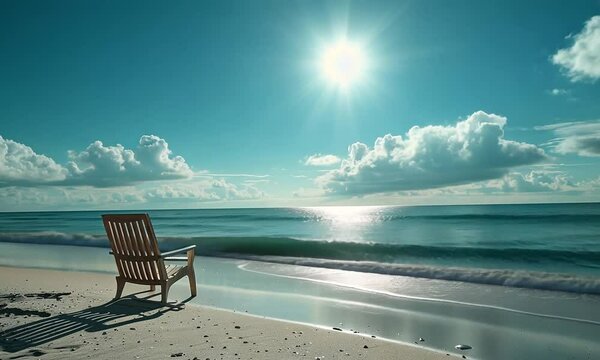 Serene Beach Scene with a Beach Chair and a Radiant Sun Shining Over Gentle Waves