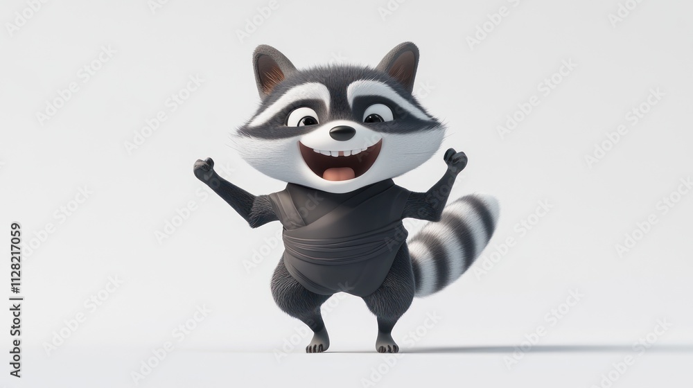 Poster a cheerful cartoon raccoon character with a playful pose, designed for animation or entertainment.