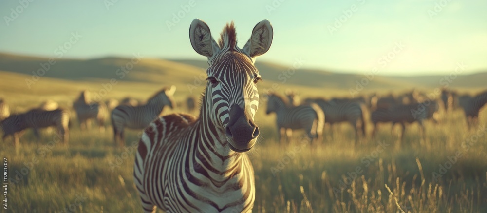 Poster a zebra stands in a grassy field with other zebras grazing in the background.