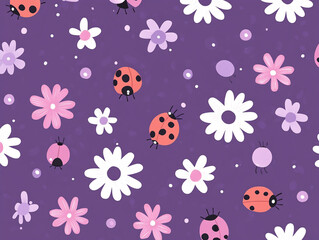 A purple background with a bunch of red ladybugs and flowers.