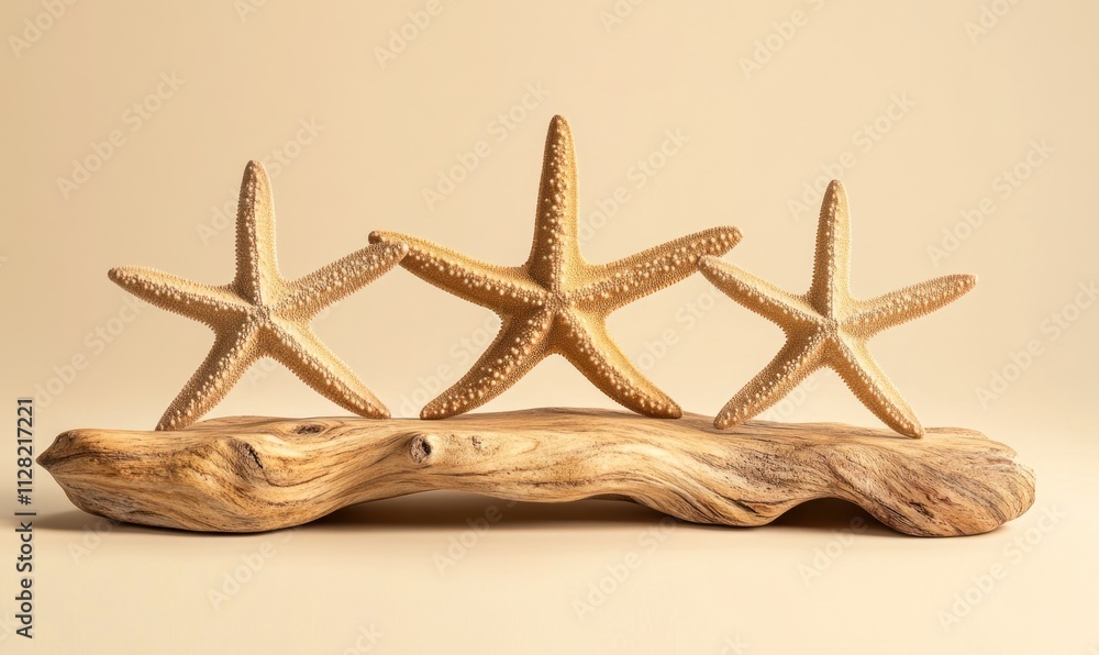 Poster three starfish displayed on a wooden base, creating a decorative coastal-themed piece.