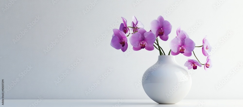 Poster a serene arrangement of pink orchids in a white vase against a minimalist background.