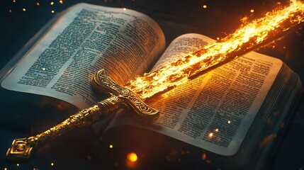 Golden Sword with Fire on Open Bible in a Fantasy Style AI generated illustration