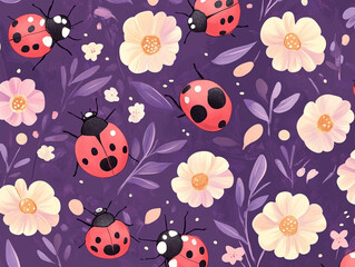 A purple background with a bunch of red ladybugs and flowers.