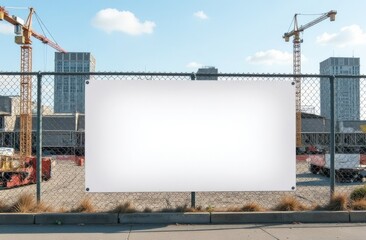 Mock up for construction business: blank white banner on a fence enclosing a construction site in the city center. In the background is a construction site, cranes, construction machines, an unfinishe