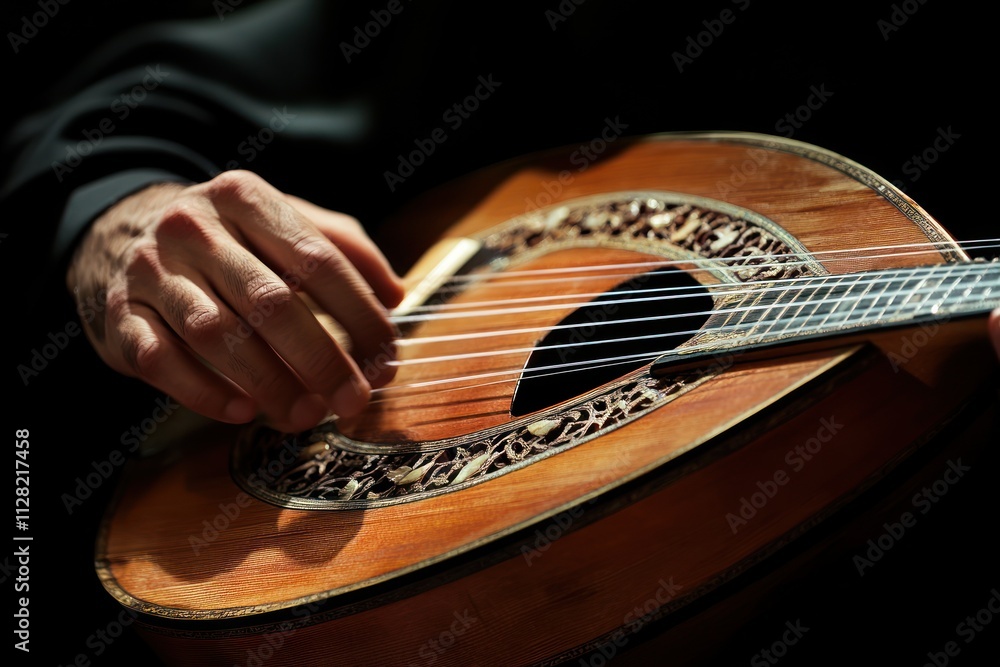 Poster A close-up of a hand playing a beautifully crafted string instrument.