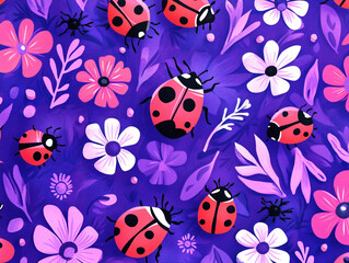A purple background with a bunch of red ladybugs and flowers.