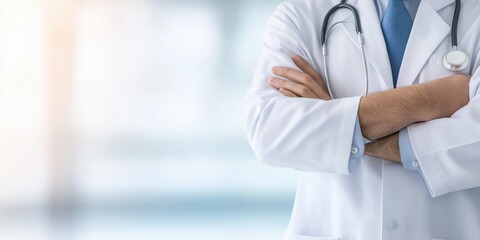 A knowledgeable doctor stands confidently with arms crossed, wearing a white coat and stethoscope, symbolizing care, professionalism, and the importance of health in society.