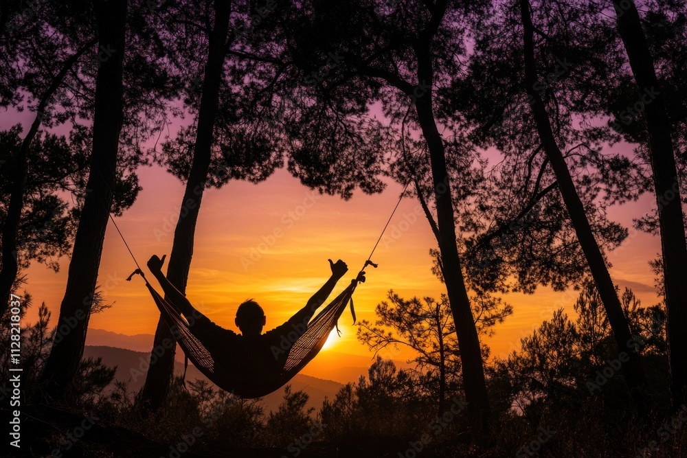 Poster A person relaxing in a hammock at sunset, surrounded by trees in a serene landscape.
