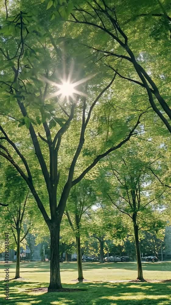Poster sunlight filters through lush green trees in a serene park setting during a sunny afternoon