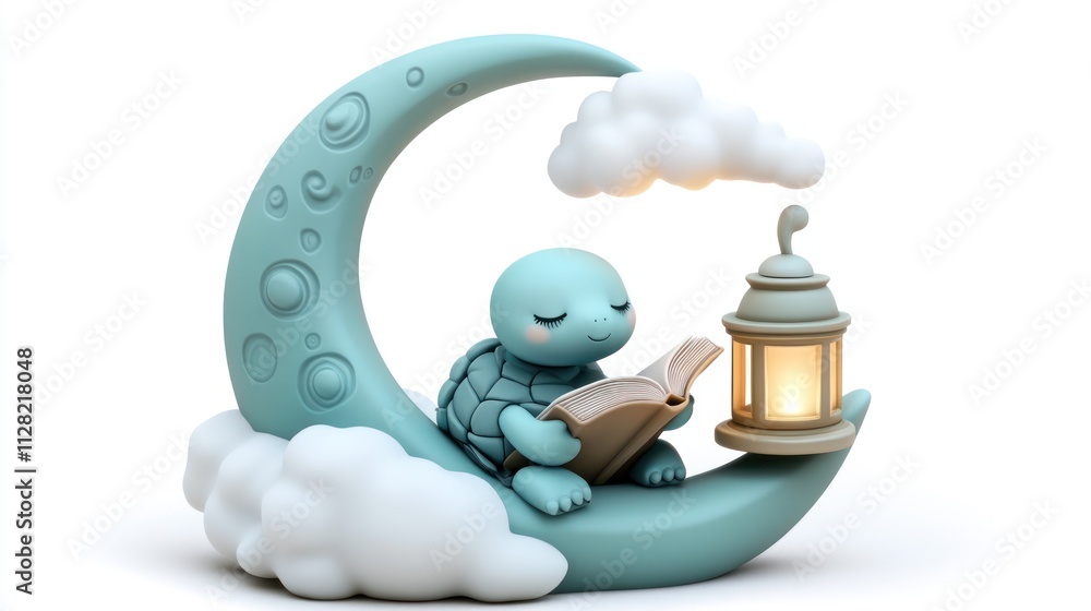 Poster a cute turtle reading a book on a crescent moon with clouds and a lantern.