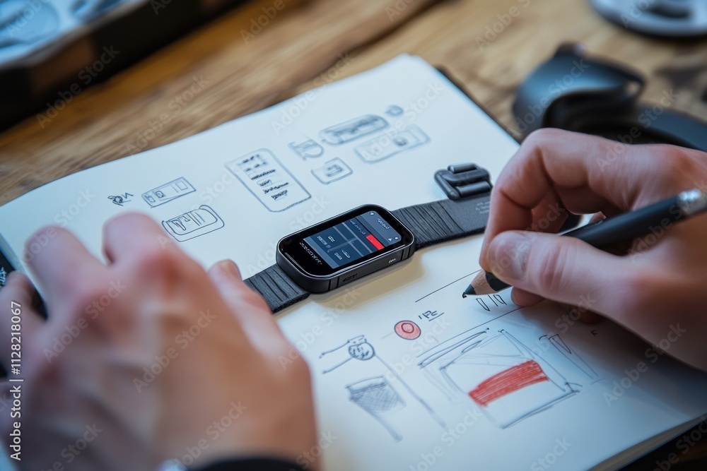 Poster A smartwatch rests on a sketchbook as a person draws design concepts with a pencil.