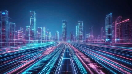 Holographic futuristic city with advanced public transport system, glowing roads, transparent display windows, tech-savvy urban space, smart grid technology 