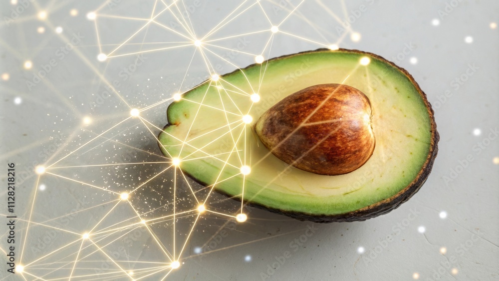 Poster a closeup of an avocado slice against a light background embellished by a glowing network of connect