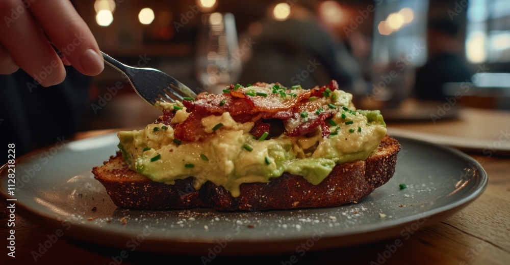 Poster a close-up of a delicious avocado toast topped with bacon and herbs on a rustic plate.
