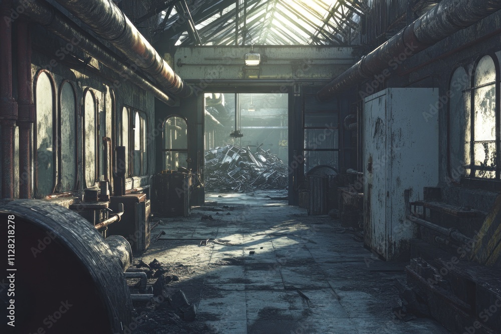 Poster a dilapidated industrial space with sunlight filtering through broken windows.