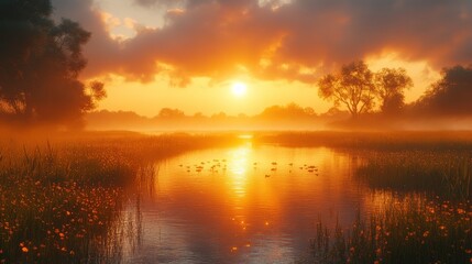 Fototapeta premium Serene Sunrise Over Tranquil River with Mist and Colorful Wildflowers Reflecting in Calm Water at Dawn in a Beautiful Natural Landscape
