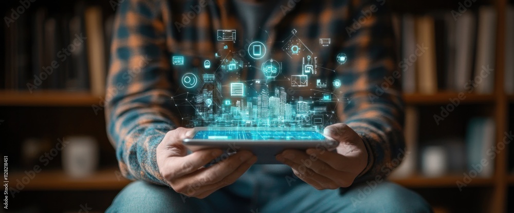 Aufkleber a person holding a tablet with floating digital icons, symbolizing technology and connectivity.