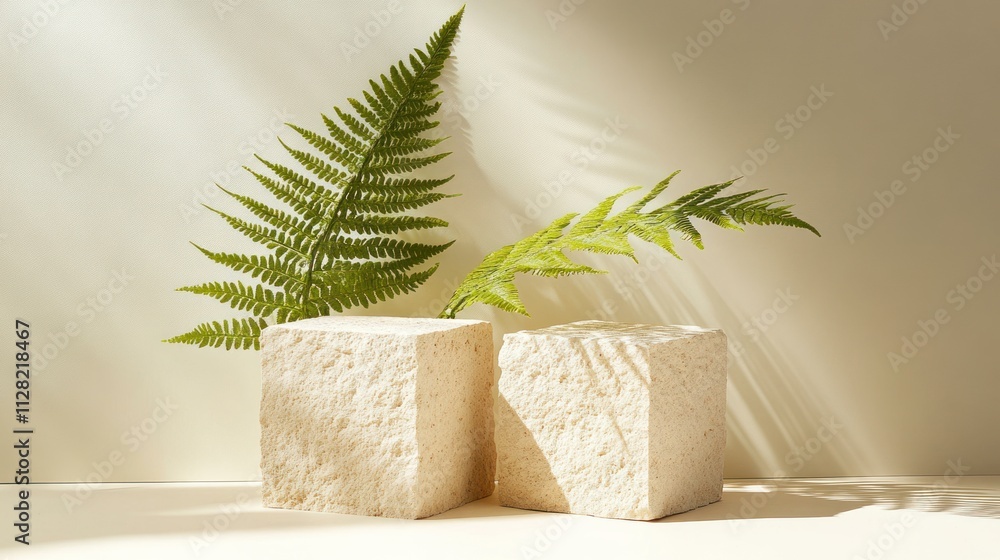 Poster Two textured blocks with ferns, creating a serene and natural aesthetic.